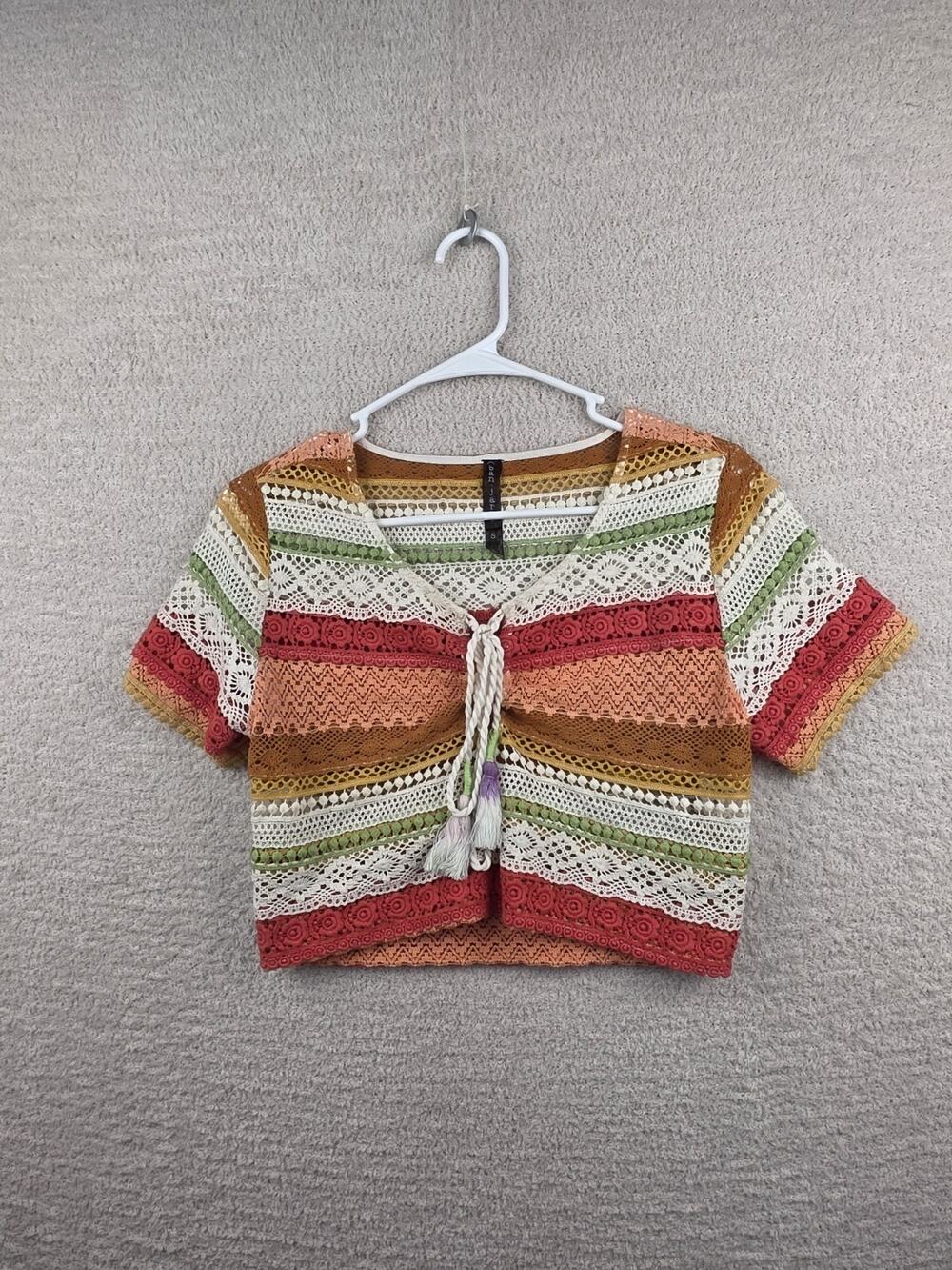 Banjara Women's Striped Hand-Crocheted Tie-Front Crop Top Size Small